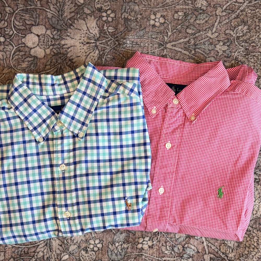 Ralph Lauren Button-Down Shirts, Lot of 2 - Blue/Green Plaid, Pink Gingham, L